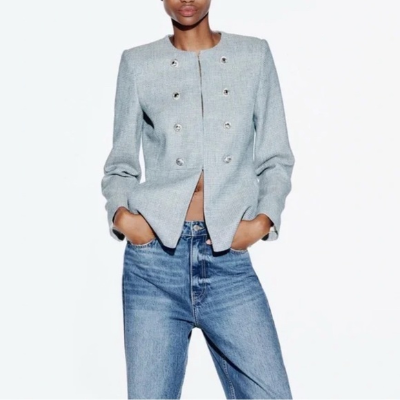 ZARA Women's Blue/Gray Double-Breasted Blazer, Small - Picture 1 of 15